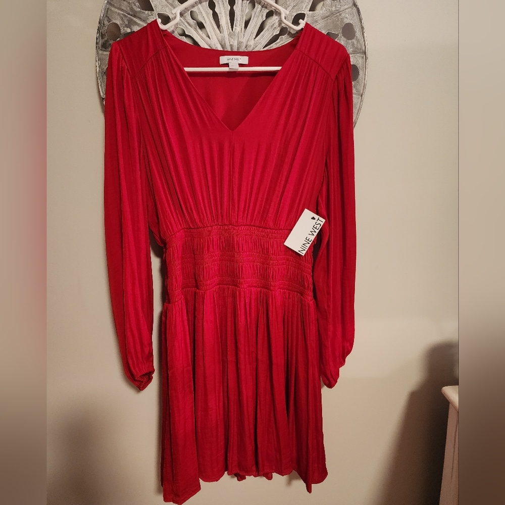NWT Vibrant Red Women's Long Sleeve Smocked Dress